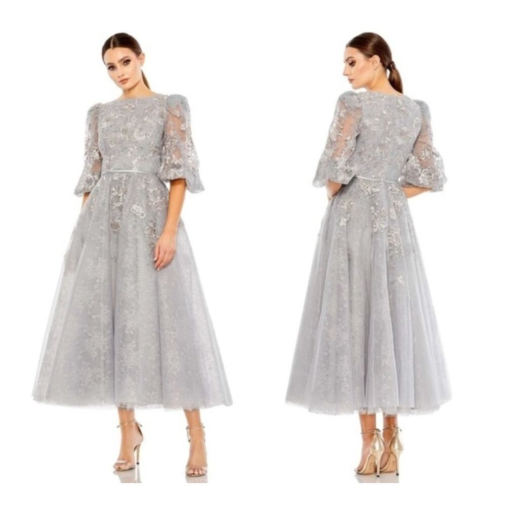 MAC DUGGAL Dress NEW 12 Silver Gray Beaded Tulle Midi Tea‎ Puff Sleeve Event - Picture 2 of 10